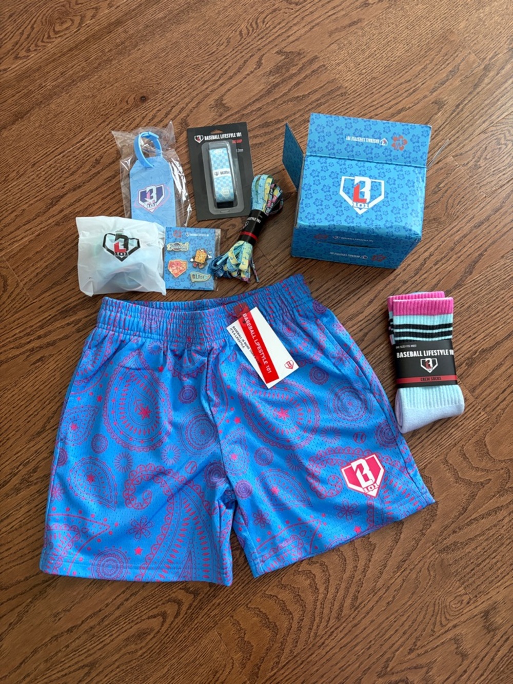 Baseball Lifestyle 101  Kids Blue Paisley Shorts plus Spring Box plus socks